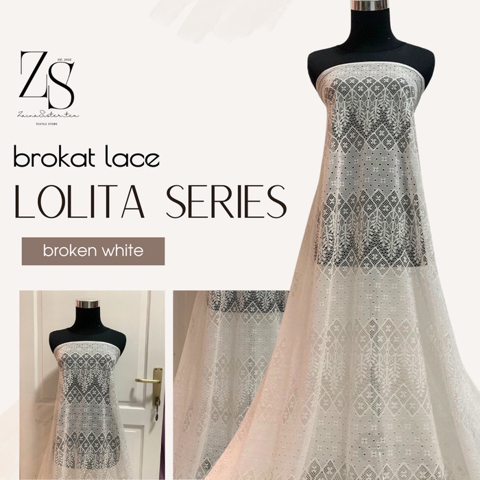 Bahan Kain Brokat Brukat Lace Lolita Warna Putih Tulang Broken White