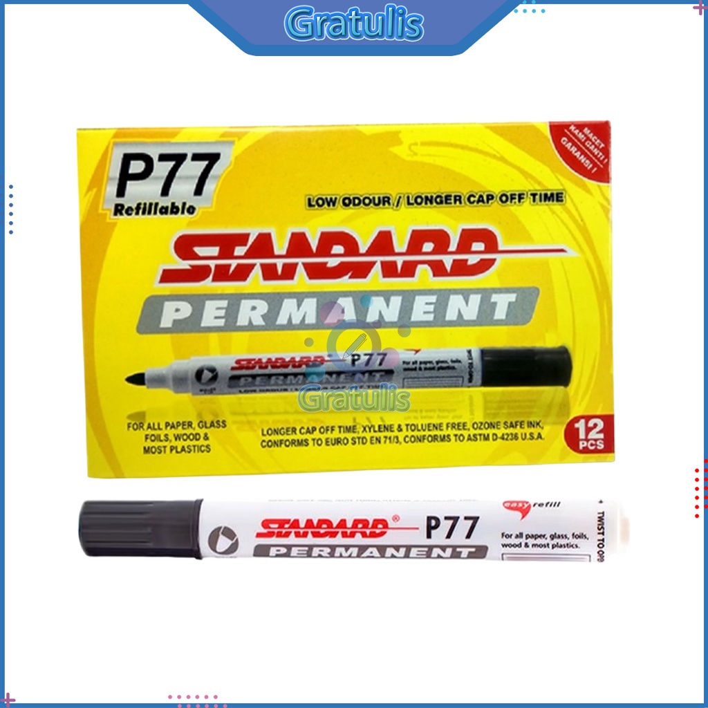 

SPIDOL STANDARD PERMANENT P77 [12 PCS/1 PACK] / SEPIDOL PERMANENT MEKER 1 PACK / SPIDOL PERMENENT 1 PAK / SEPIDOL HITAM PENANDA PERMANEN / SPIDOL P77 TIDAK BISA DIHAPUS / ALAT TULIS SEKOLAH