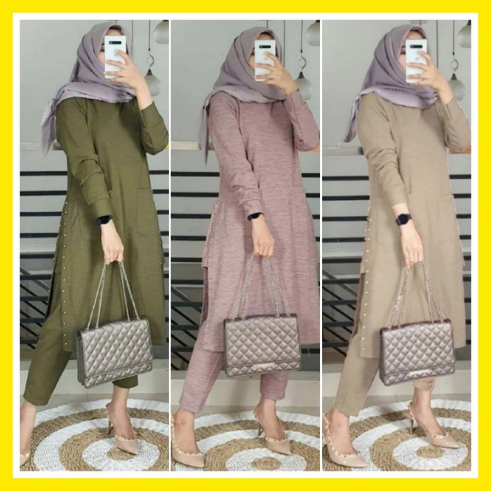 SETELAN TUNIK WANITA KAOS ATASAN BAJU MUSLIM STELAN ONE SET MUSLIMAH - Army