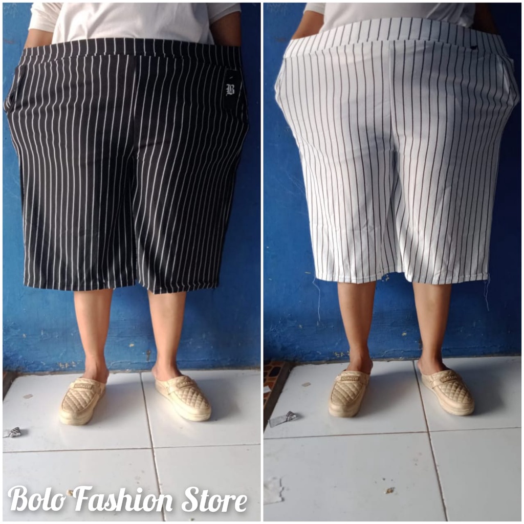 PRODUK PALING LARIS /XXXL | Kulot Pendek Super Jumbo BB 100kg+ Motif Salur Hitam Putih Tebal Terbaru