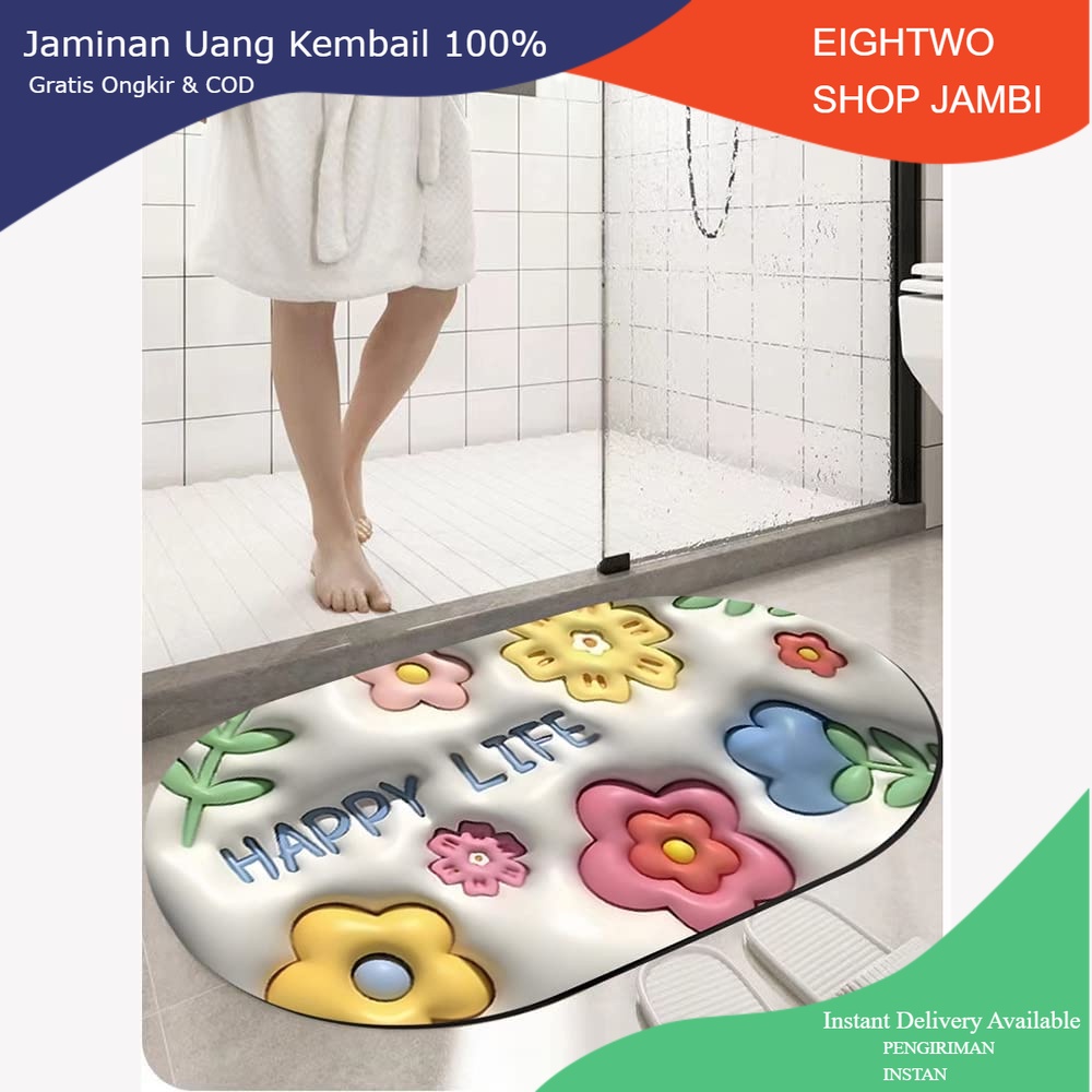 Keset Kaki Diatomite Oval Motif Gambar 3D Lap Kaki Kamar Mandi Dapur Anti Bau Doormat Anti Slip Karp