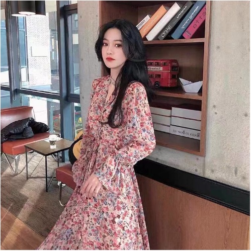 Retro Vintage Dress Rok Panjang Sebetis dibawah Lutut Bunga Pink Lengan Panjang Model Serut - Dres G