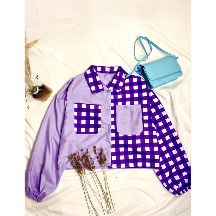 MIKA CROP TOP BLOUSE / KEMEJA WANITA / BLOUSE KEKINIAN . - KOTAK UNA LILAC