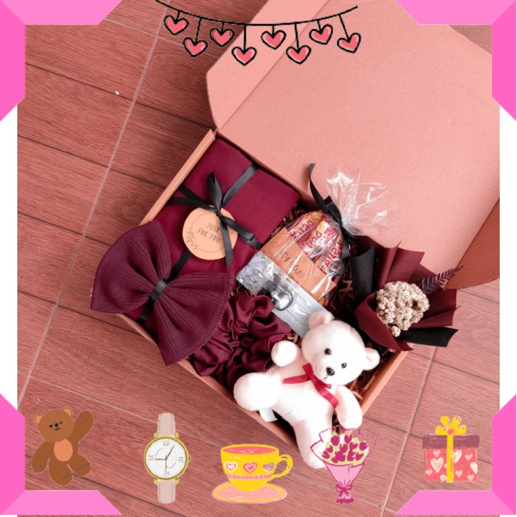 HAMPERS BAYI ANAK MUDA REMAJA PACAR ISTRI BIKIN ROMANTIS ANNIVERSERY/ hampers hijab / boneka teddy bear /kado unik /buket bunga /scrunchie / ULTAH LAHIRAN WISUDA JADIAN