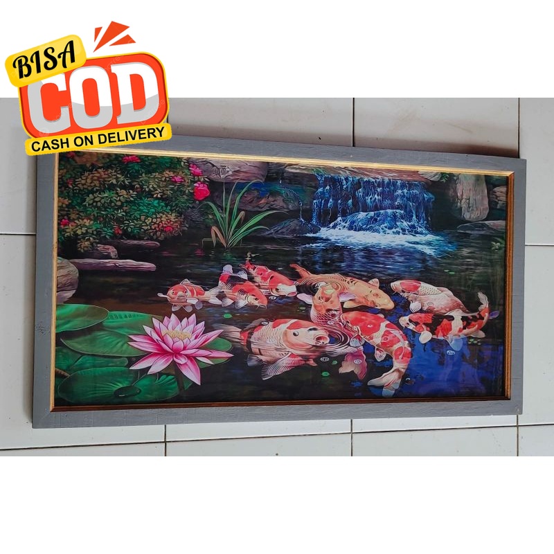 hiasan dinding lukisan cetak ikan koi kolam plus bingkai ukuran 100×50