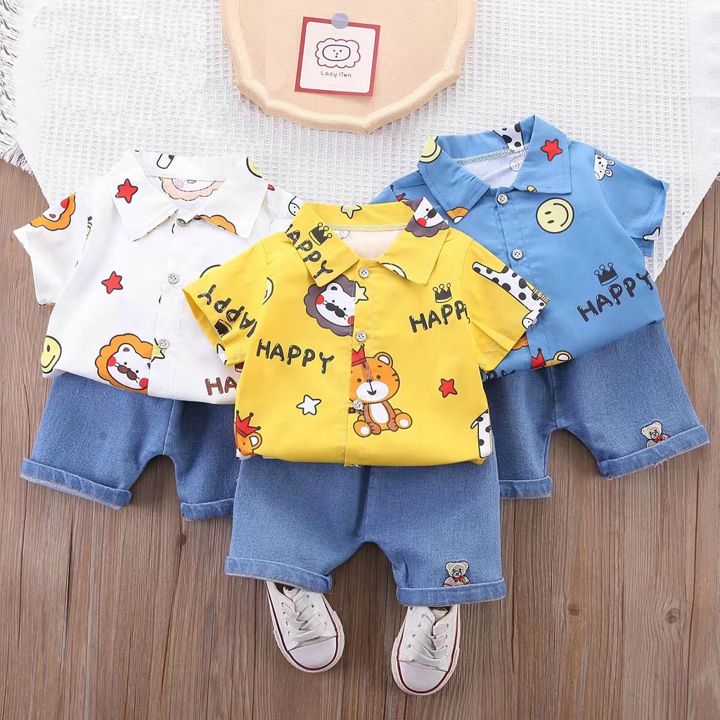 baju anak laki laki import setelan baju anak cowok Setelan Kemeja Bayi Laki laki Setelan Anak Laki Laki Lengan Pendek celana softdenim baju baby boy