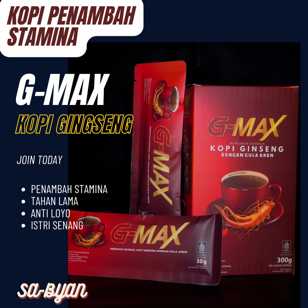 

G-MAX KOPI BPOM 1 BOX (10 Sachet) KOPI GINGSENG PENAMBAH STAMINA PRIA KOPI GINGSENG DAN GULA AREN KOPI PRIA KUAT DAN TAHAN LAMA