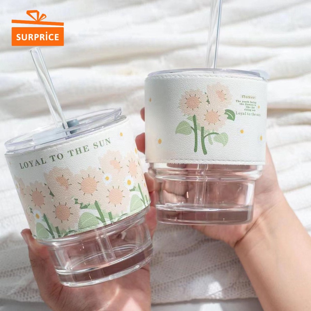 [LIVE SPESIAL] (450ML) Surprice Gelas Tumblr Kaca Aesthetic / Gelas Dengan Cup Sleeve / Botol Minum 