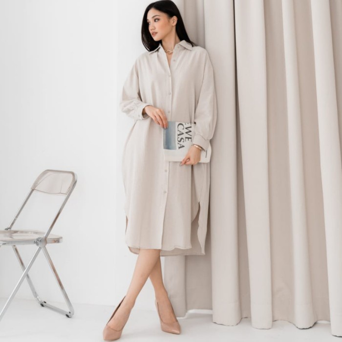Vega Dress Linen Polos Lengan Panjang Casual Big Size - Broken White