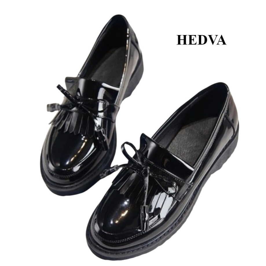Sepatu Pantofel Wanita Korea Hitam Docmart Pita Polos Casul Hak