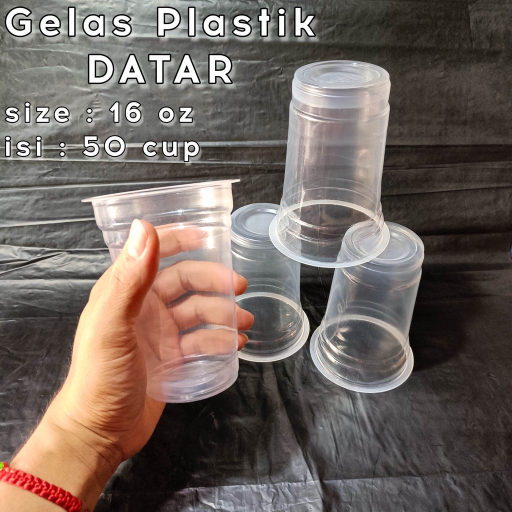 Gelas plastik Datar ukuran 16 oz [isi 50 cup] / gelas plastik bening / gelas minum / gelas juice & b