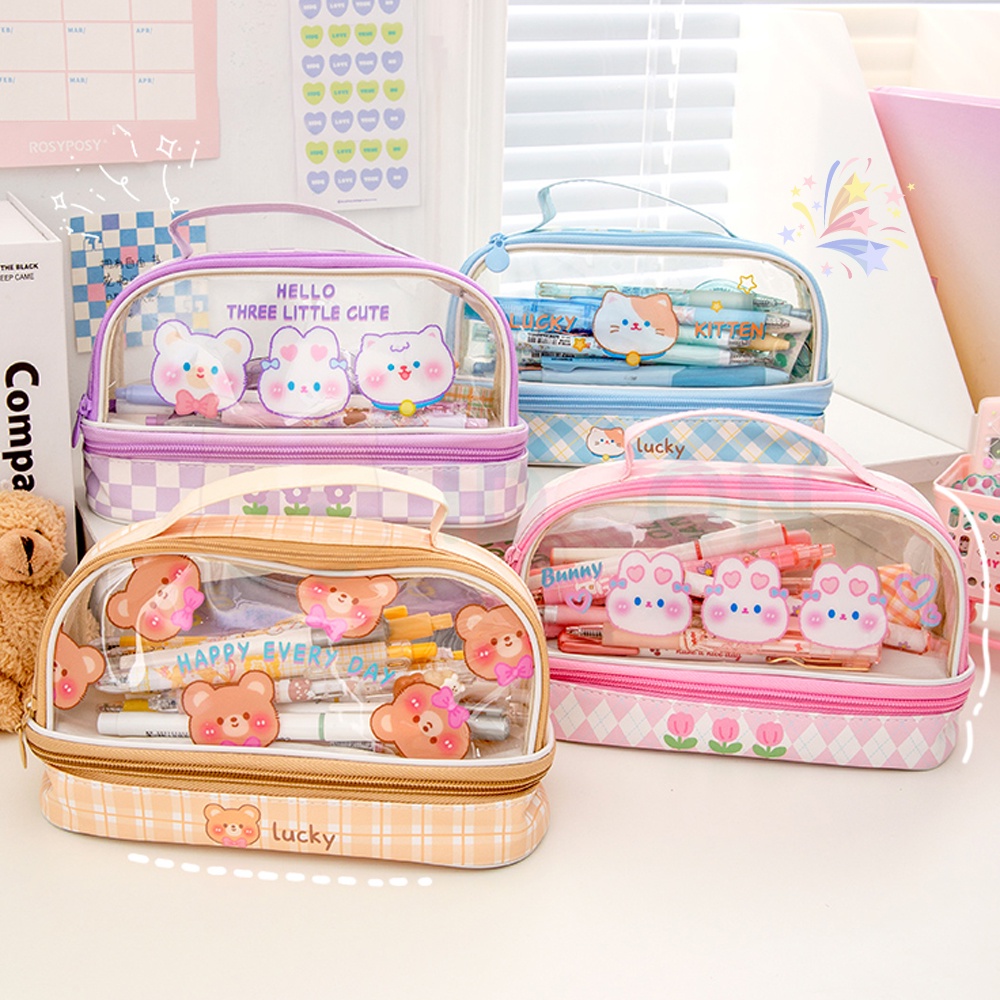 

H7Y IDOON Pencil Case Transparan Korea Tempat Pensil Besar Dua Lapis Kotak Pensil Tempat Pola Hewan
