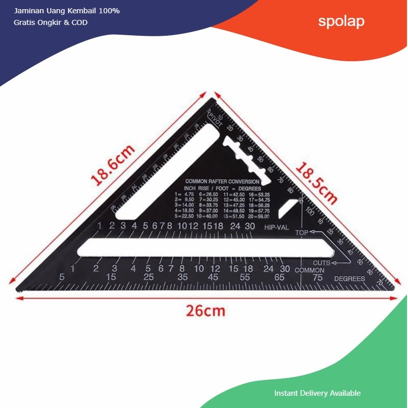 

Speed Square Aluminium / Penggaris Siku Sudut Segitiga / Right Angle Kayu SF6