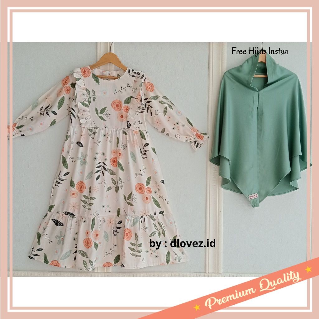 Gamis anak Muslim Lebaran baju Idul Fitri / Set Gamis Anak 1 - 14 Tahun Free Hijab Instan / Set Gami