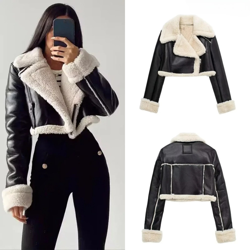 Women's Cropped Leather Jacket Coat Black Wool Blends Coats Bomber Tweed Jacket Autumn Winter Leathe