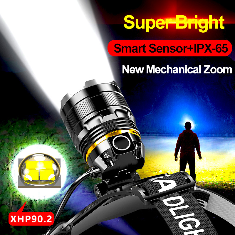 500Meters LED Headlamp Sensor XHP90.2 Headlight Use 2*18650 Battery Flashlight USB Rechargeable Head