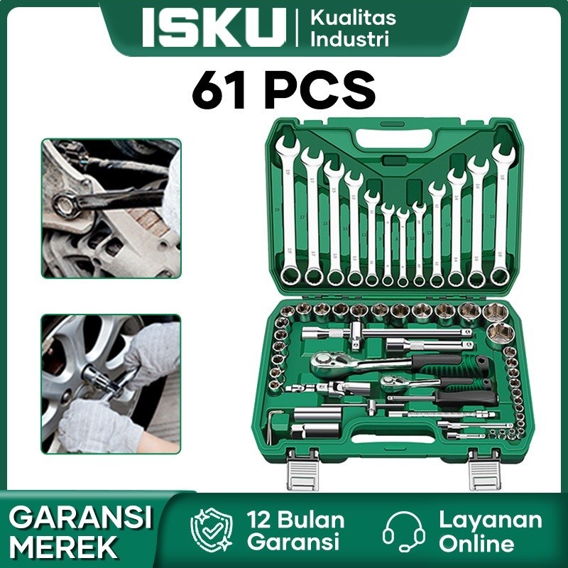 ISKU Tool Kit Set 61pcs Socket Wrenc Set Kunci Shock Set Kunci Ring Pas Set Dan Kunci Pas Rachet