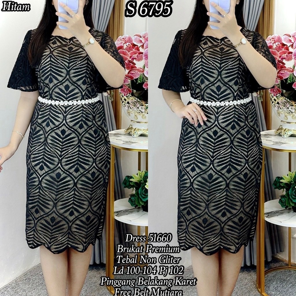 ES Dress Brukat fashion Daun Span tanpa Belt Mutiara Simple
