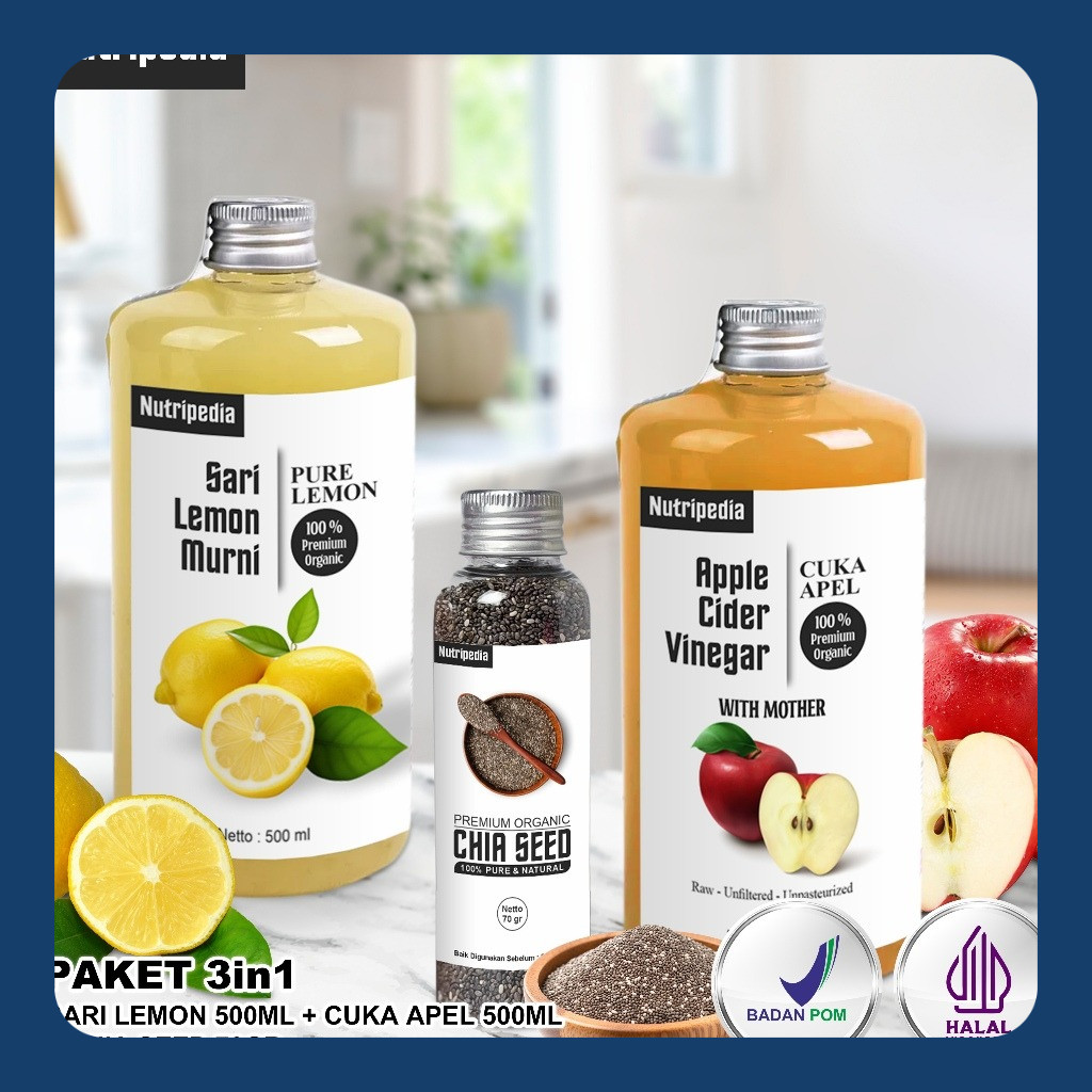 

Nutripedia - Paket Diet Sehat 3in1 Bundle Cuka Apel 500ml, Sari Lemon 500ml, Chia Seed 70Gr