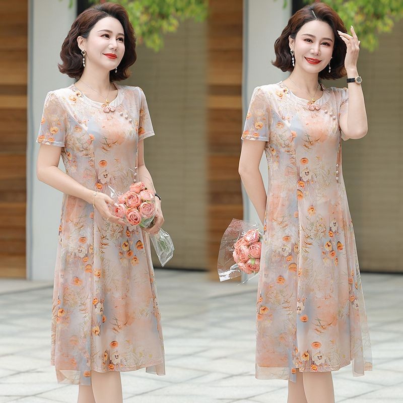 Gaun musim panas ibu paruh baya gaun musim panas Cina lengan pendek gaun cheongsam lengan pendek gau