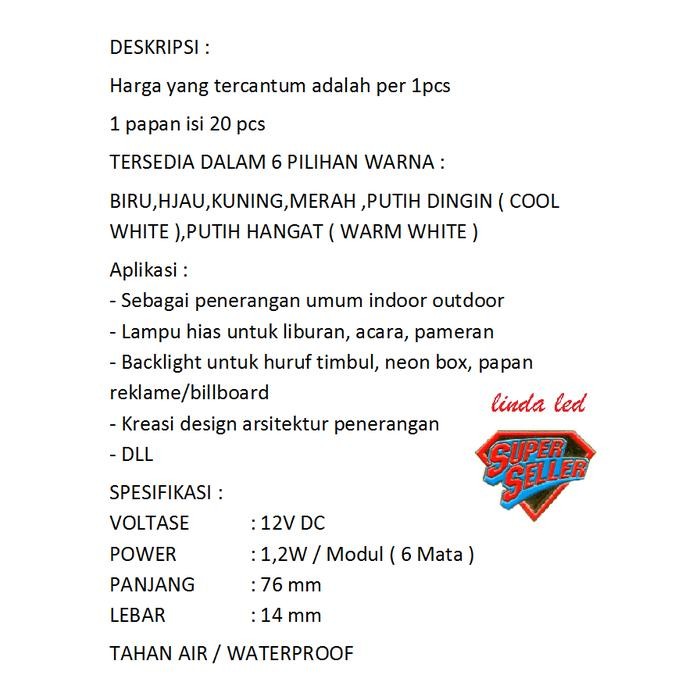 Promo LAMPU LED MODUL 6 MATA SAMSUNG KOREA IP65 SMD 5050 1,2 WATT 12 VOLT - Biru terlaris