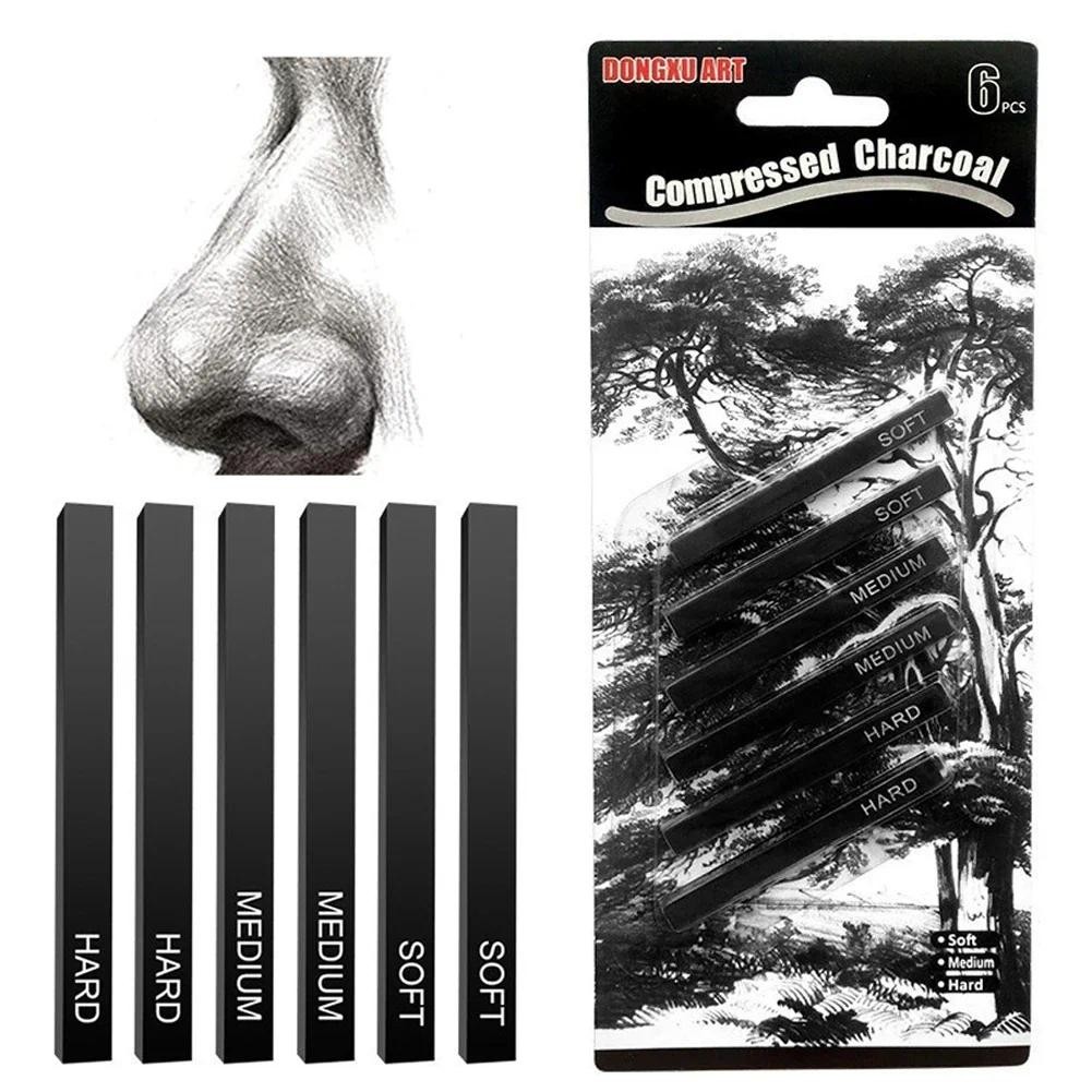 

6pcs Carbon Strip Professional Black/White Carbon Sketch Hard/Medium/Soft Woodless Charcoal Pencil Set Drawing Painting Supplies