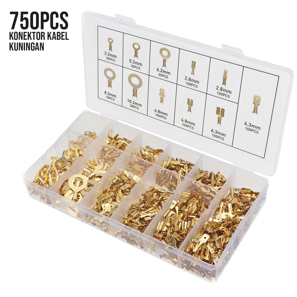 Kuningan Terminal Kabel Ring Lug Terminal Konektor Kabel Listrik Mobil Set 750PCS- 6615