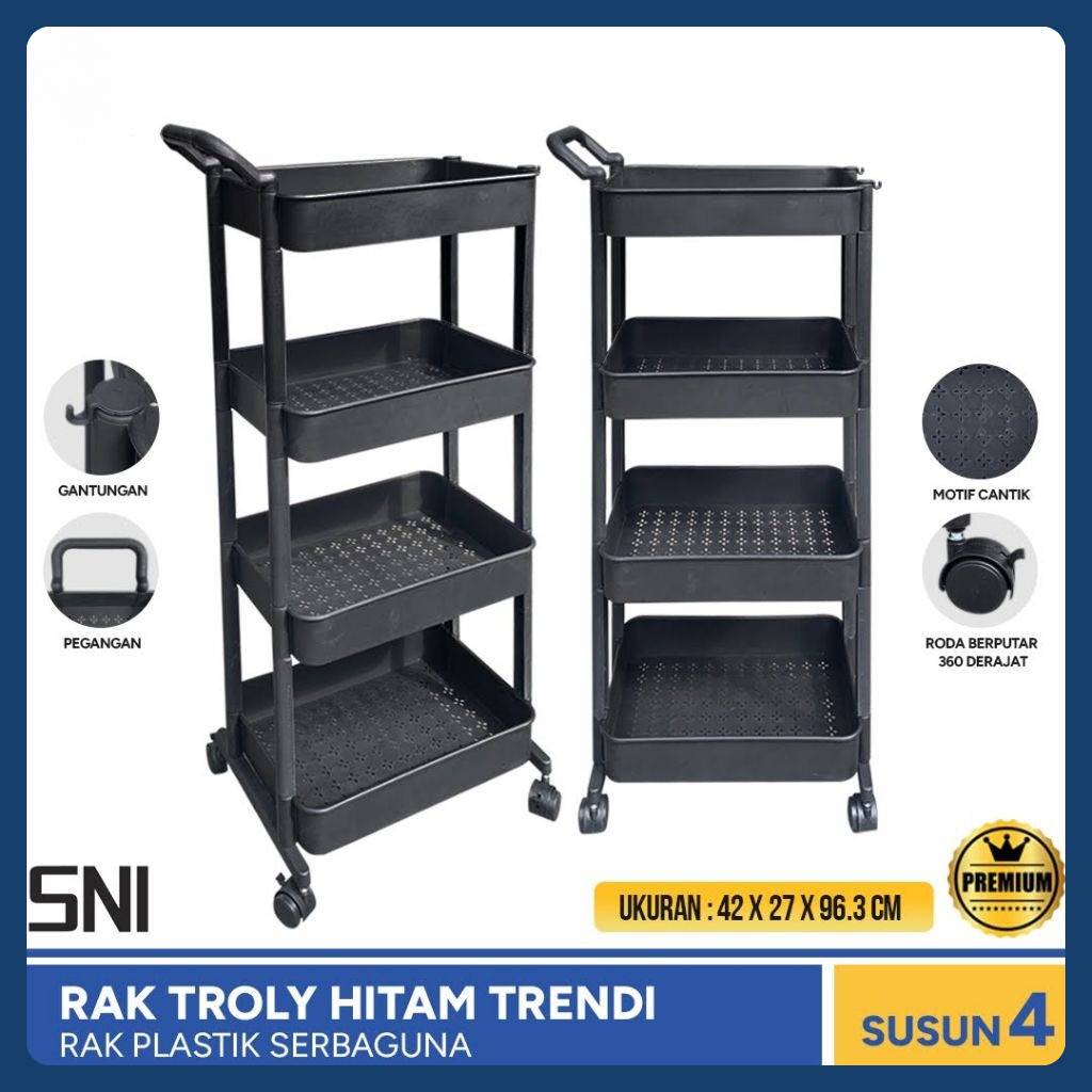 Rak Trendi Rak Roda Serbaguna Susun 4 Hitam