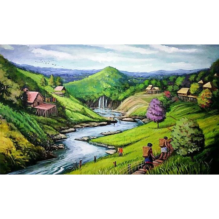 Lukisan Pemandangan Suasana Pedesaan, Nuansa Hijau dan Alami