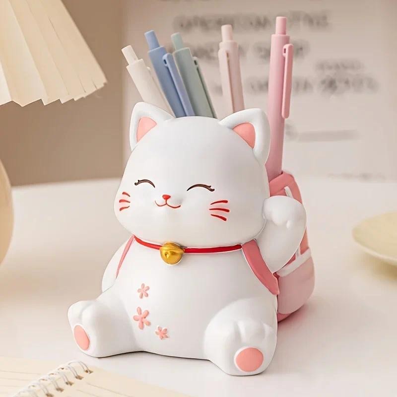 

1pc Cherry Blossom Cat Pencil Holder, Cute Cartoon Kitty Desk Organizer ABS Resin Office Study Stationery Storage