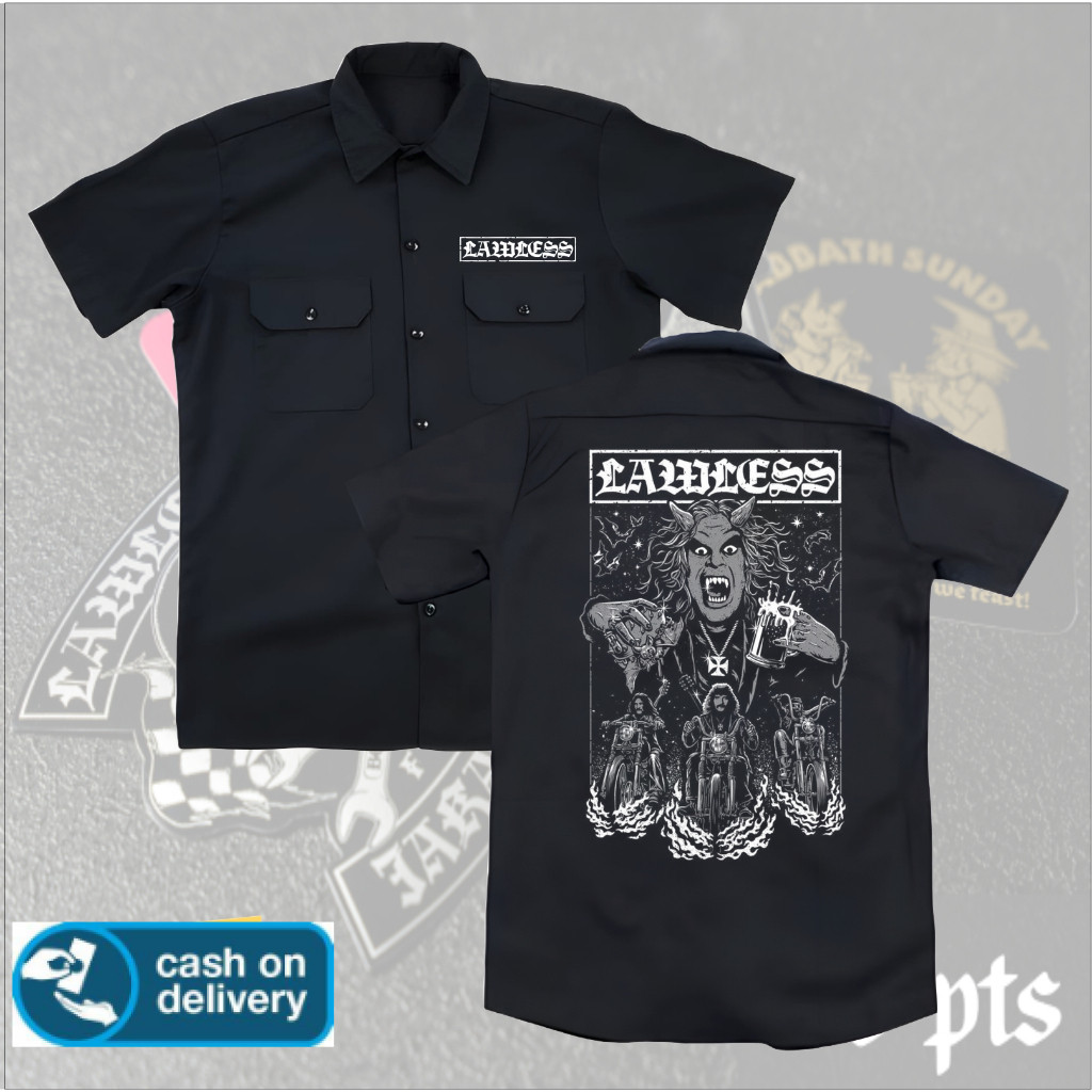 kemeja WORKSHIRT hitam LAWLESS JAKARTA distro original | kemeja pendek band JAKARTA LAWLESS terbaru 