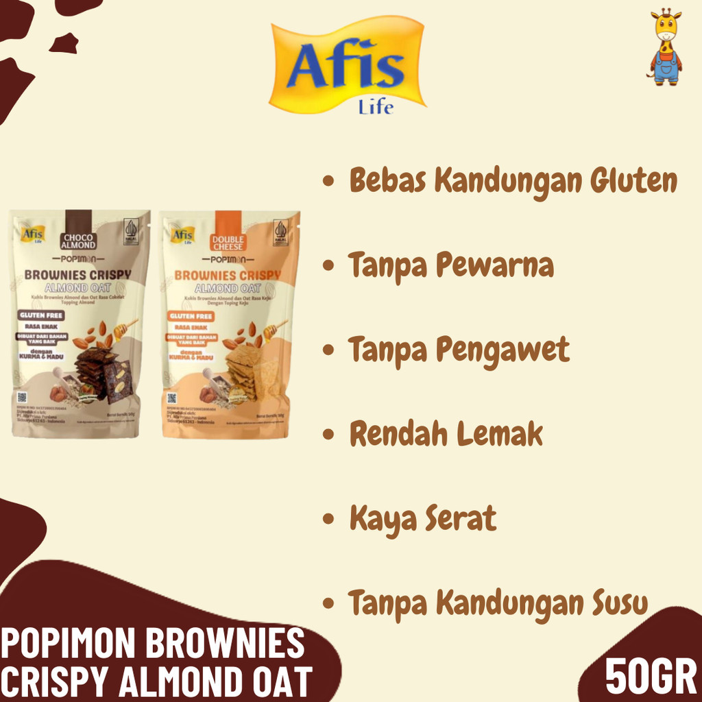 

Afis Life Popimon Brownies Crispy Almond Oat 50gr - Snack Kukis Biskuit Kering