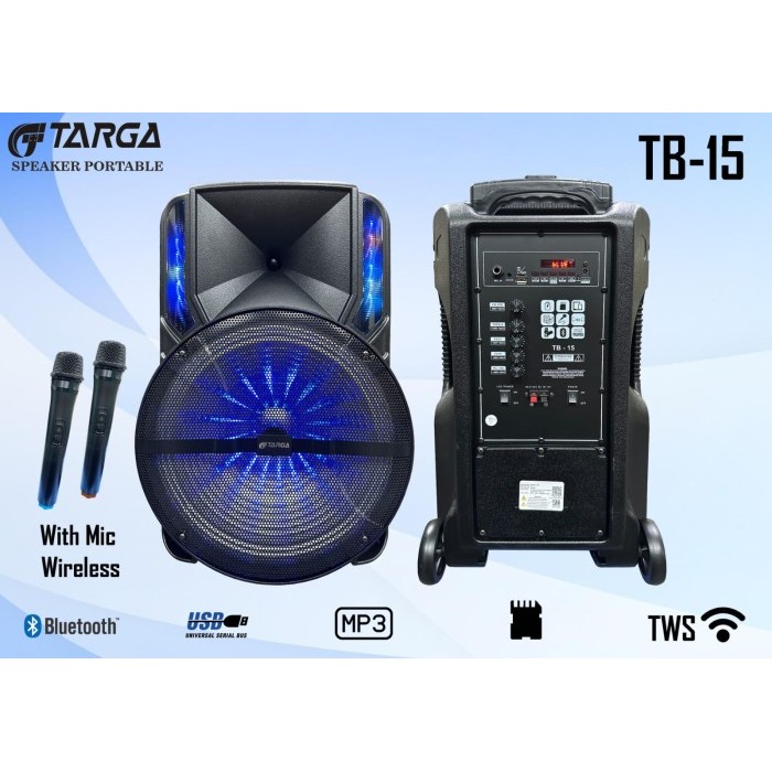Speaker Aktif Portable Targa 15 inch TB15 aktiv TB-15 TB 15 Original 15 inchi Plus 2 Mic Genggam Wir