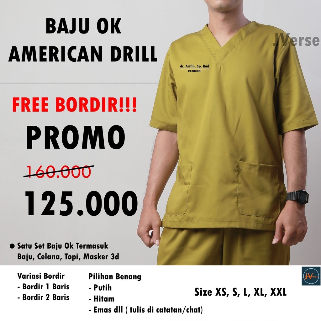 FR54W FREE BORDIR SCRUB MEDIS BAJU OK SERAGAM JAGA PERAWAT AMERICAN DRILL