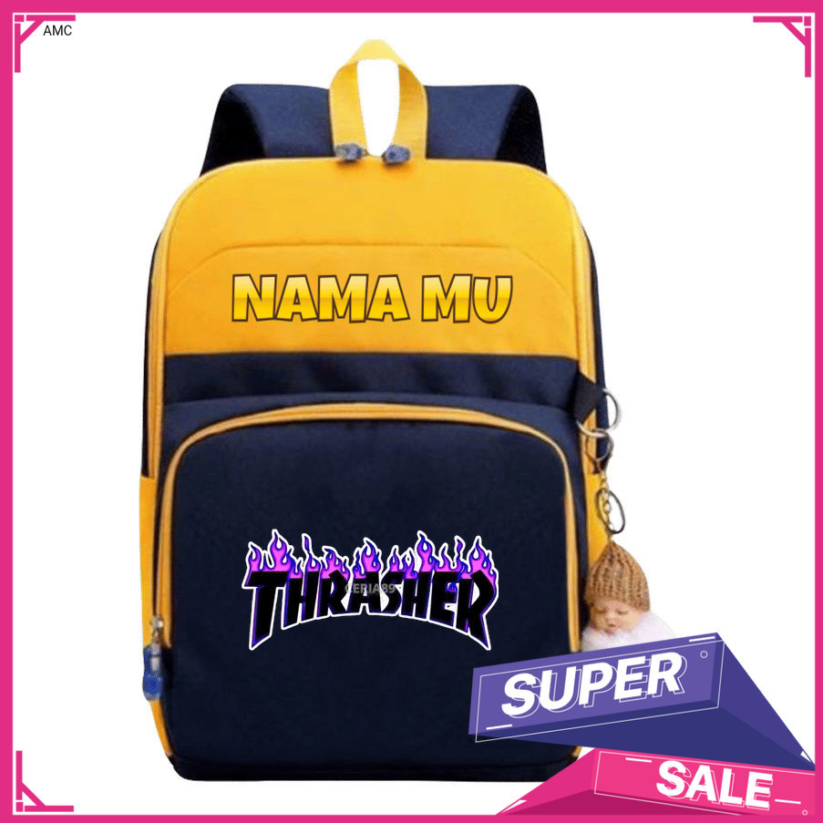 AMC Tas Ransel Anak Thrasher Logo Skateboard Keren – Backpack Sekolah TK SD SMP SMA Kuliah , Tas Ana