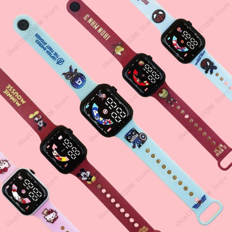 Disney Watch Spiderman Frozen Elsa Mickey Kids Watch Print Strap Button LED Square Waterproof Electr
