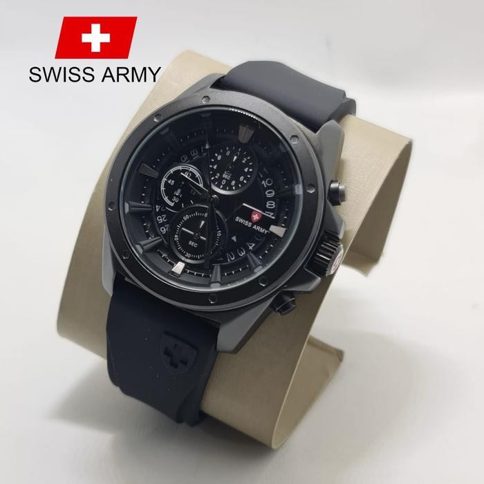 Jam tangan pria Swiss army 6594 chrono rubber karet stainless Watches Biru Hitam - Hitam