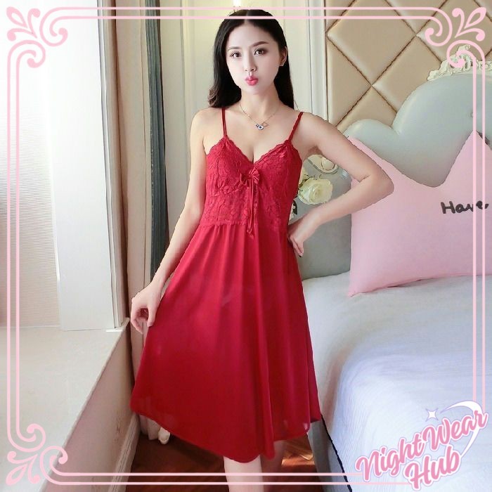 nightwearhub Lingerie Sexy Dress Renda BigSize Baju Tidur Malam Wanita Daster Satin Karet Panjang 13