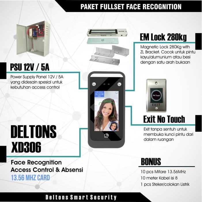 

Paket Smart Face Recognition Access Control Absensi 13.56MHz EM Lock