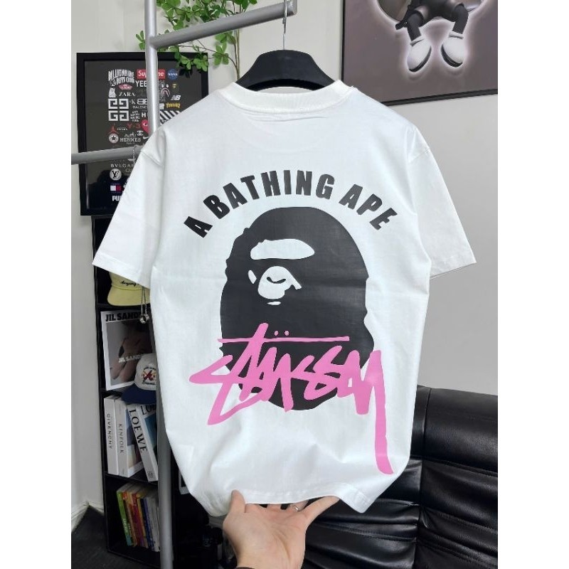 HITAM PUTIH Stussy x Bape Unisex T-shirt | 20s Cotton, thick, comfortable, cool material | Best Qual