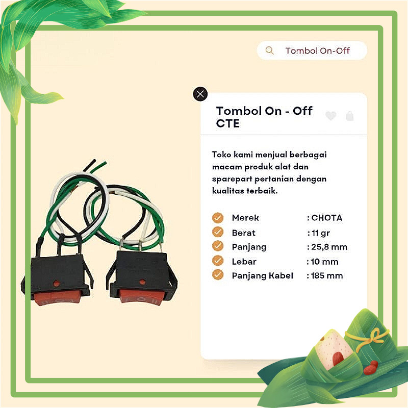 Saklar On Off Gepeng /Plus Kabel Sprayer Elektrik - Chota CTE 16 Liter