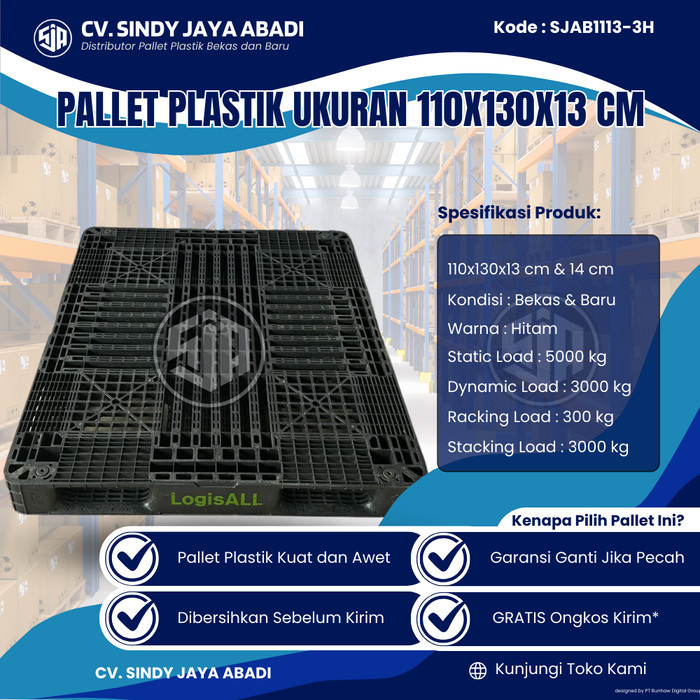 Pallet Plastik Bekas Ukuran 110x130x13 cm - SJAB1113-3H / Pallet Plastik Warna Hitam / Pallet Plasti