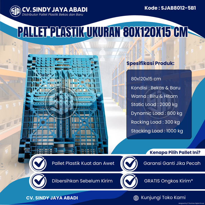 

Pallet Plastik Bekas Ukuran 80x120x15 cm - SJAB8012-5B1 / Pallet Plastik Warna Biru / Pallet Plastik Jaring