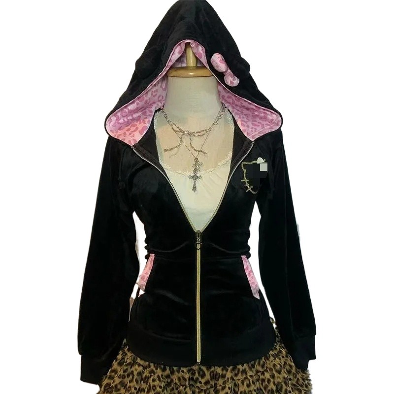 Streetwear Y2k Spliced Pullover Hoodie Women Hip Hop Harajuku Plush Spliced Retro Zipper Hoodie Slim