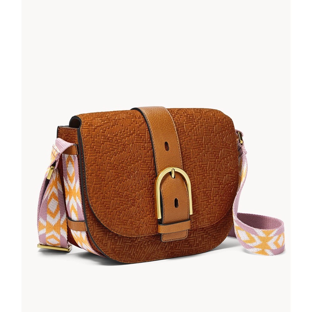 Fossil Wiley Saddle in Tan Embossed with Canvas Strap