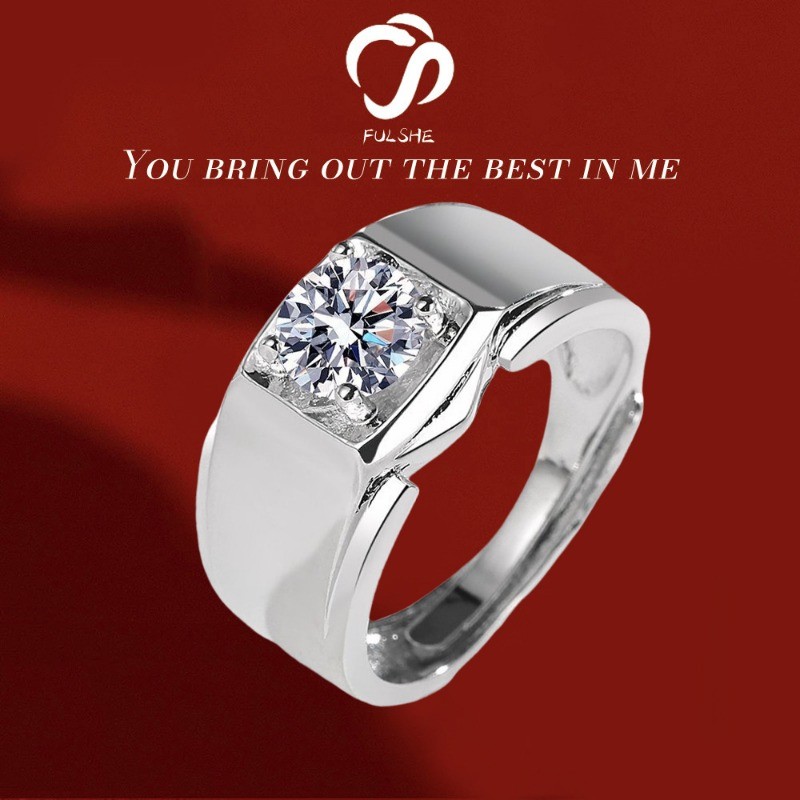 FULSHE Cincin Pria Asli Anti-Kotor Platinum Berlapis Berlian 1 Karat