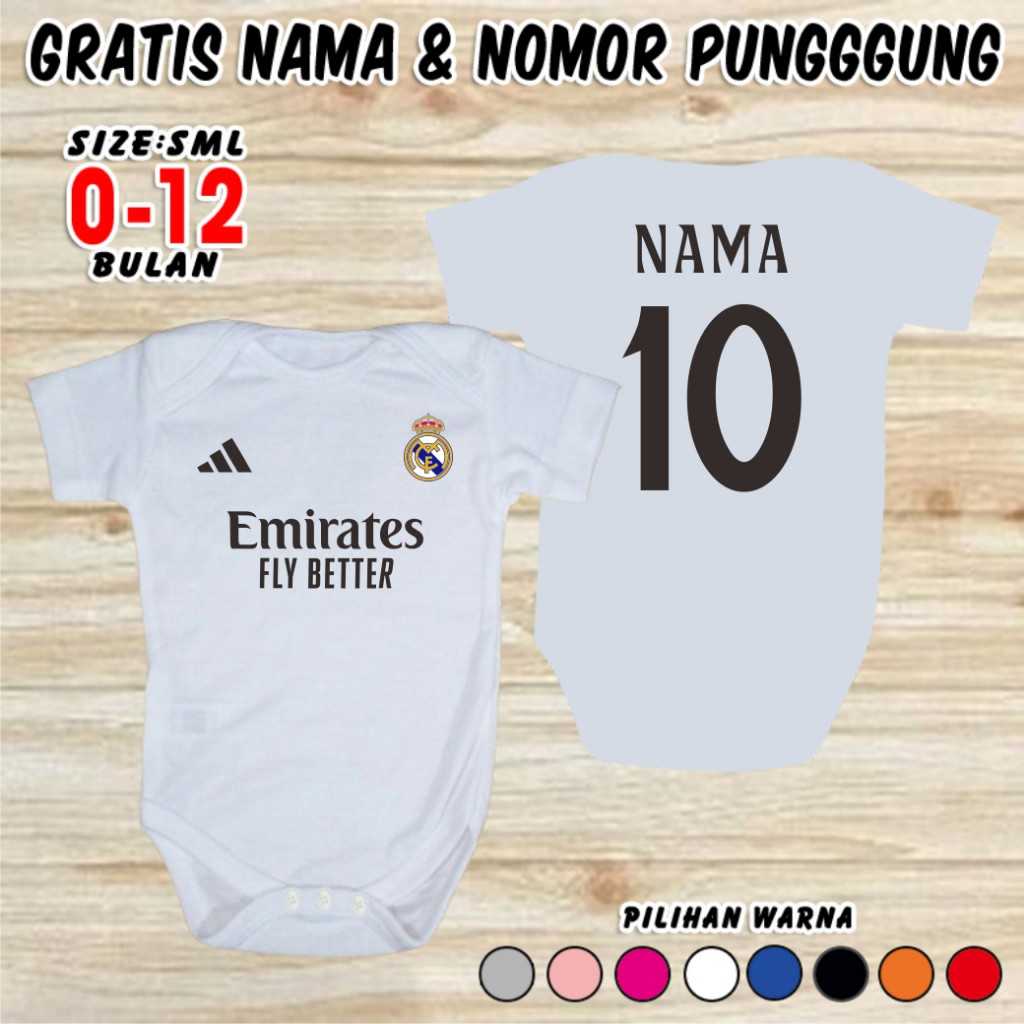 Baju Bola Bayi REAL MADRID GRATIS CUSTOM NAMA NOPUNG Jumper Baby Sepak Bola Romper Newborn Jersey Ki