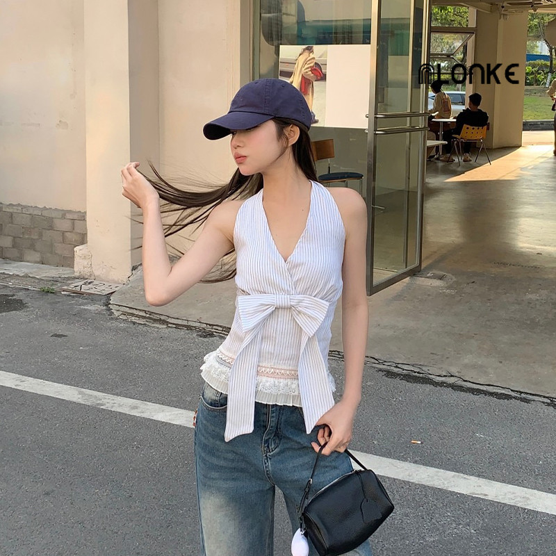 NLONKE - Busur  Bergaris  Leher Gantung  Rompi  Wanita  Renda  Kain perca  Pas Badan  Tanpa Punggung