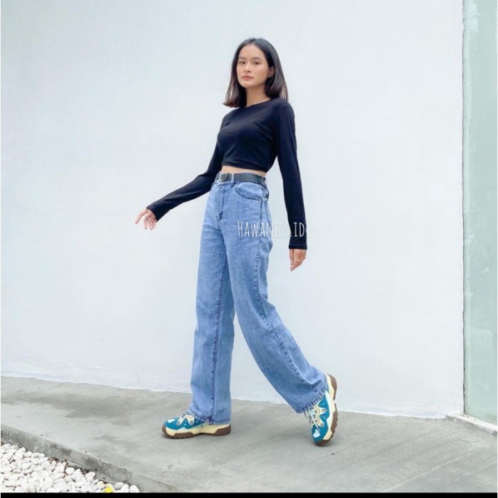 ✨LARIS✨ -Highwaist Kulot Jeans Wanita Loose - Snow Black, 27