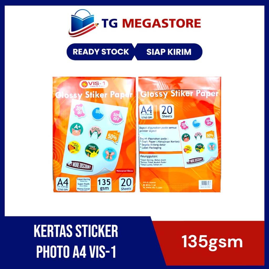

KERTAS STICKER PHOTO A4 VIS-1 135GSM ( Isi 20 ) Berkualitas